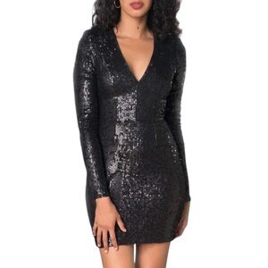 Dress The Population Shauna Bodycon Black Long Sleeve Sequin Mini Dress Size L